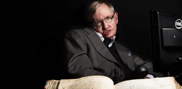 Professor Stephen Hawking with Newton’s Philosophiæ Naturalis Principia Mathematica
